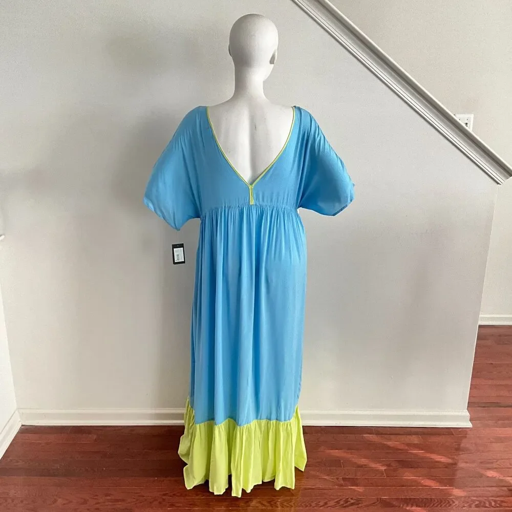 Kate Spade New York Midi Cover Up Tiered Dress Color Block Blue Green XL